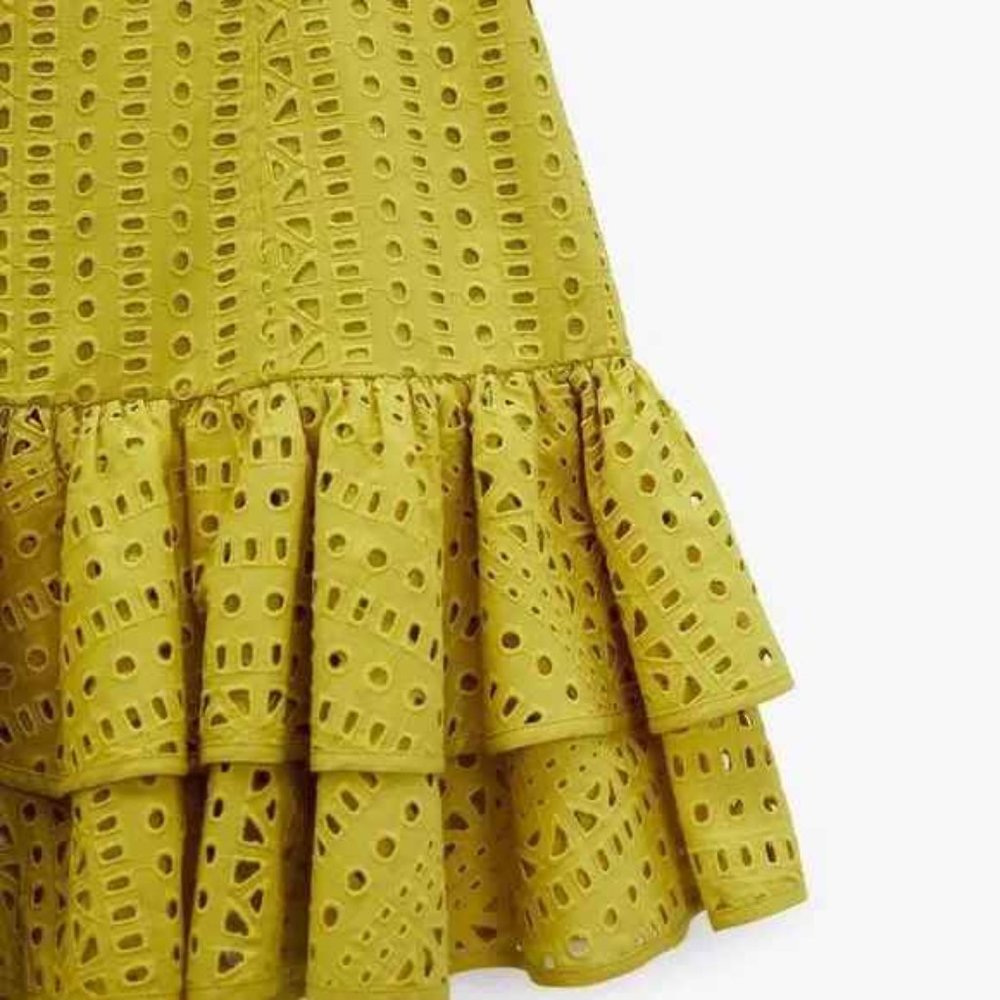 ZARA Yellow Ruffle Skirt High Waist Cut Out Embroidered Summer Size S - Picture 3 of 12